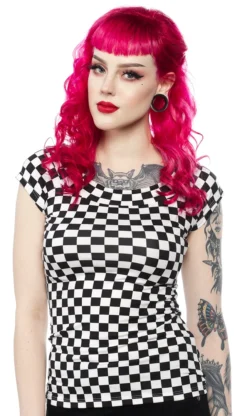 RETROLICIOUS CHECKERED BOAT NECK TOP BLACK/WHITE Back In Stock