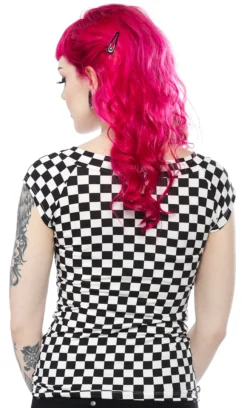 RETROLICIOUS CHECKERED BOAT NECK TOP BLACK/WHITE Back In Stock