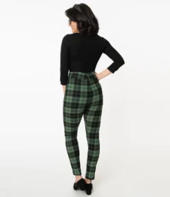 UNIQUE VINTAGE HIGH WAIST RIZZO CIGARETTE PANTS BLK/GRN 9 UNIQUE VINTAGE HIGH WAIST RIZZO CIGARETTE PANTS BLK/GRN