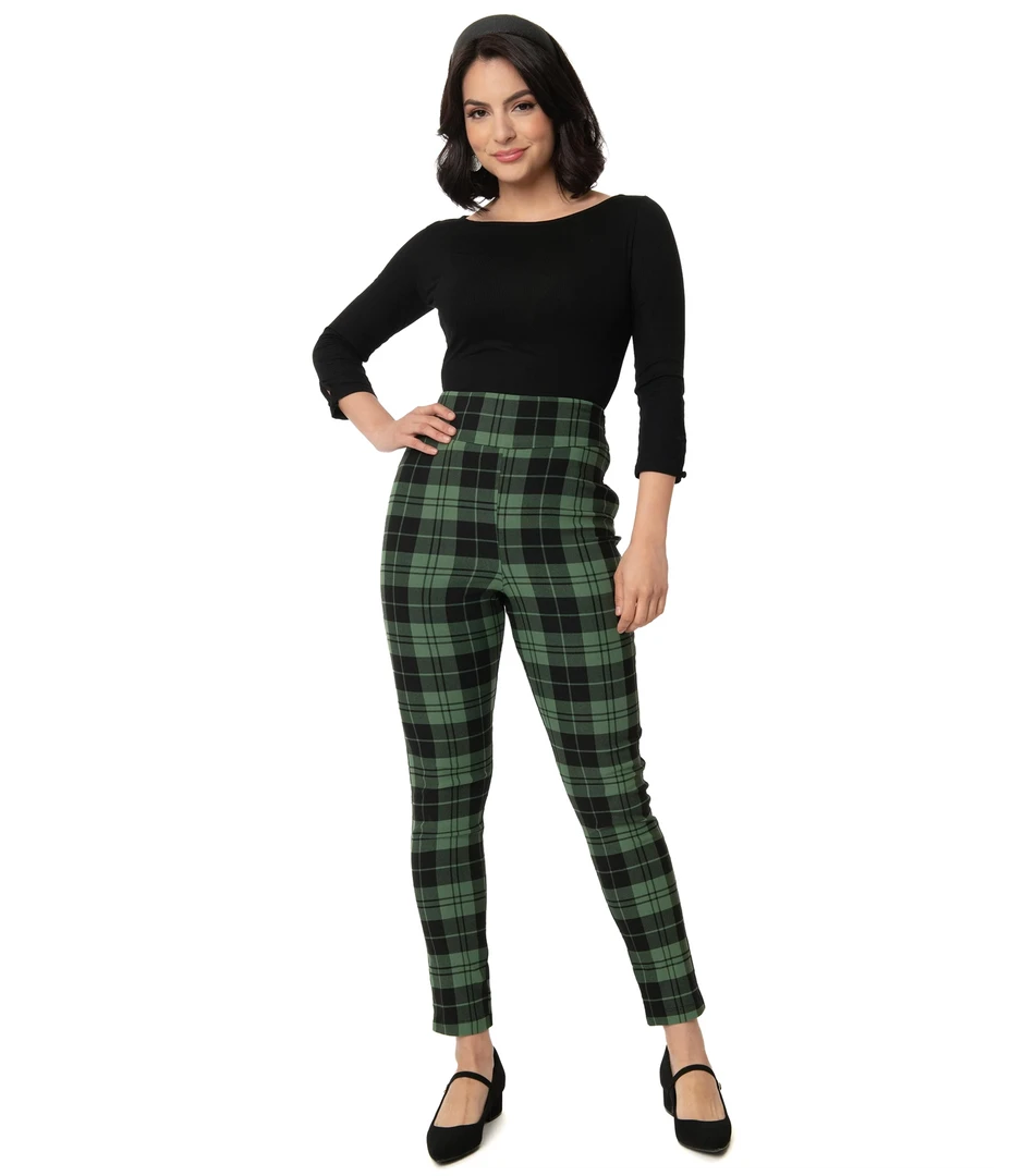 UNIQUE VINTAGE HIGH WAIST RIZZO CIGARETTE PANTS BLK/GRN 4 UNIQUE VINTAGE HIGH WAIST RIZZO CIGARETTE PANTS BLK/GRN