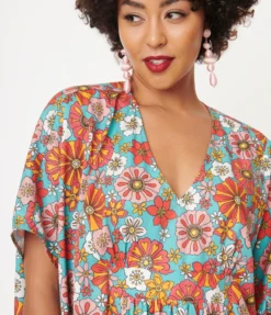 Ghouls Just Wanna Have Sun SMAK PARLOUR TURQUOISE & CORAL RETRO FLORAL ROPER CAFTAN