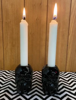 Haunted Homewares SOURPUSS SKULL CANDLESTICK HOLDERS BLACK