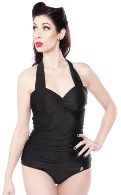Ghouls Just Wanna Have Sun SOURPUSS SOLID BLACK RUCHED ONE PIECE SWIMSUIT