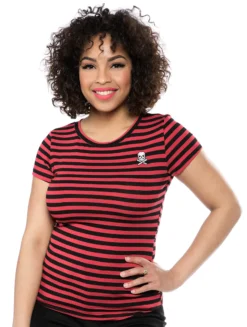 Shop Sour+Plus SOURPUSS STRIPED JOLLY ROGER CREW NECK TOP RED/BLK