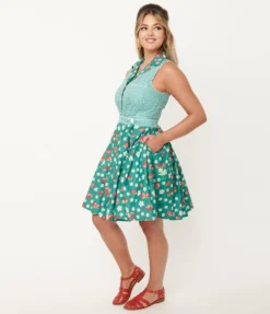 UNIQUE VINTAGE GREEN STRAWBERRY FLORAL PRINT COLLINS WRAP SWING SKIRT Shop Sour+Plus