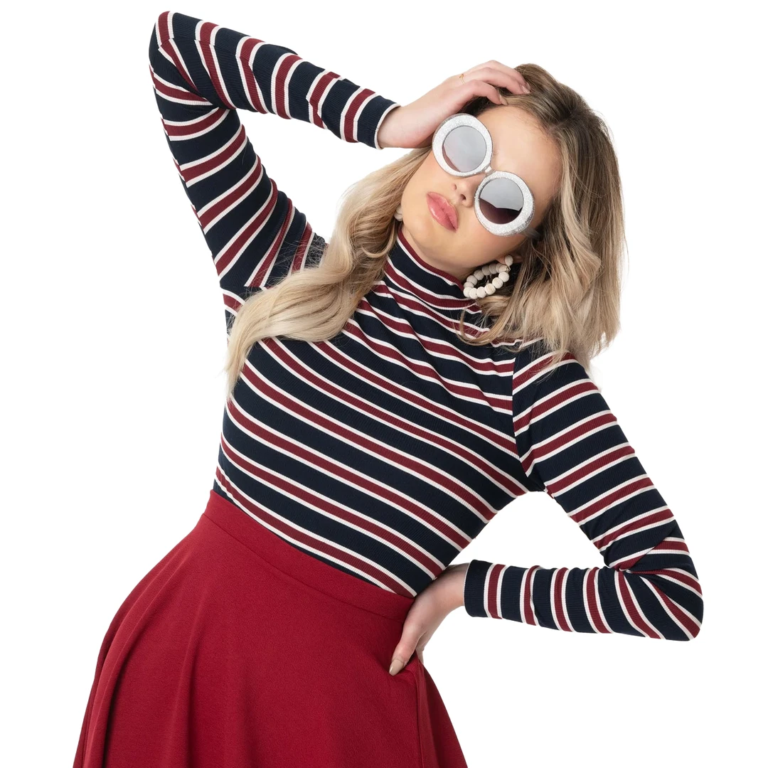 SMAK PARLOUR NAVY & BURGUNDY STRIPE MOCK TURTLENECK TOP 3 SMAK PARLOUR NAVY & BURGUNDY STRIPE MOCK TURTLENECK TOP