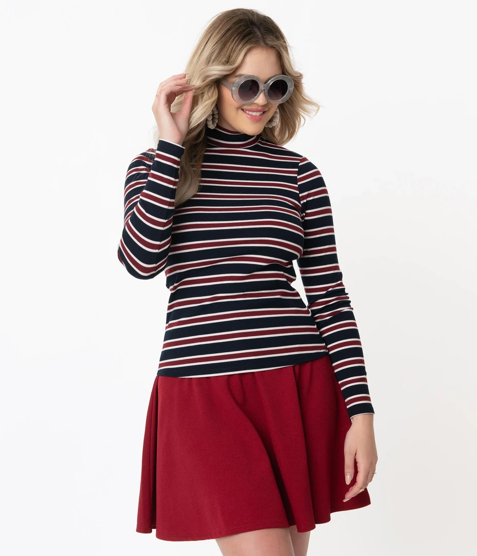 SMAK PARLOUR NAVY & BURGUNDY STRIPE MOCK TURTLENECK TOP 5 SMAK PARLOUR NAVY & BURGUNDY STRIPE MOCK TURTLENECK TOP