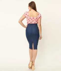 UNIQUE VINTAGE BLUE DENIM SUMMER LOVIN PENCIL SKIRT
