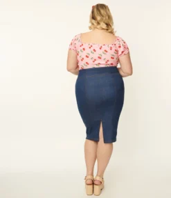 UNIQUE VINTAGE BLUE DENIM SUMMER LOVIN PENCIL SKIRT