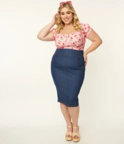 UNIQUE VINTAGE BLUE DENIM SUMMER LOVIN PENCIL SKIRT