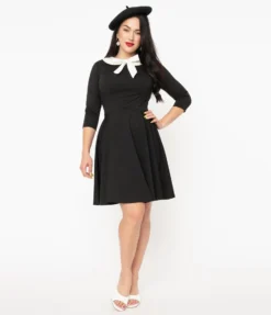 Shop Sour+Plus UNIQUE VINTAGE BLACK COLLARED WEDNESDAY FLARE DRESS