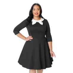 Shop Sour+Plus UNIQUE VINTAGE BLACK COLLARED WEDNESDAY FLARE DRESS
